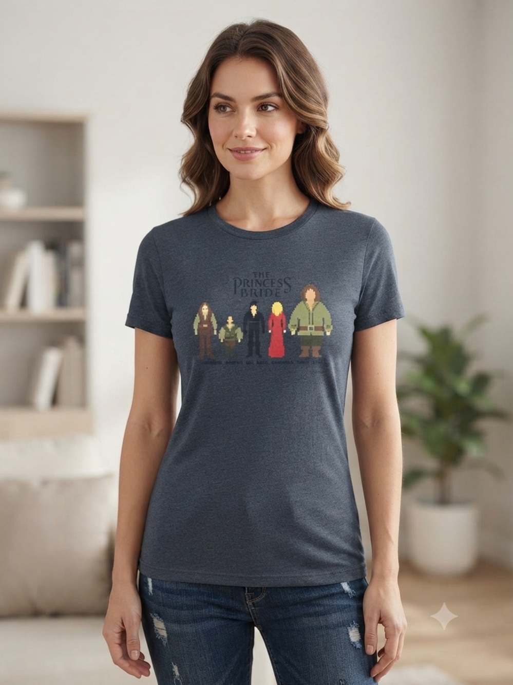 The Princess Bride Pixel Character Tee M 19” p2p Heather Navy EUC